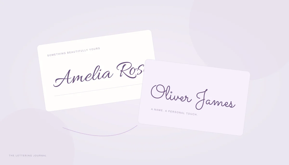 Three personal name lettering samples arranged on stationery cards
